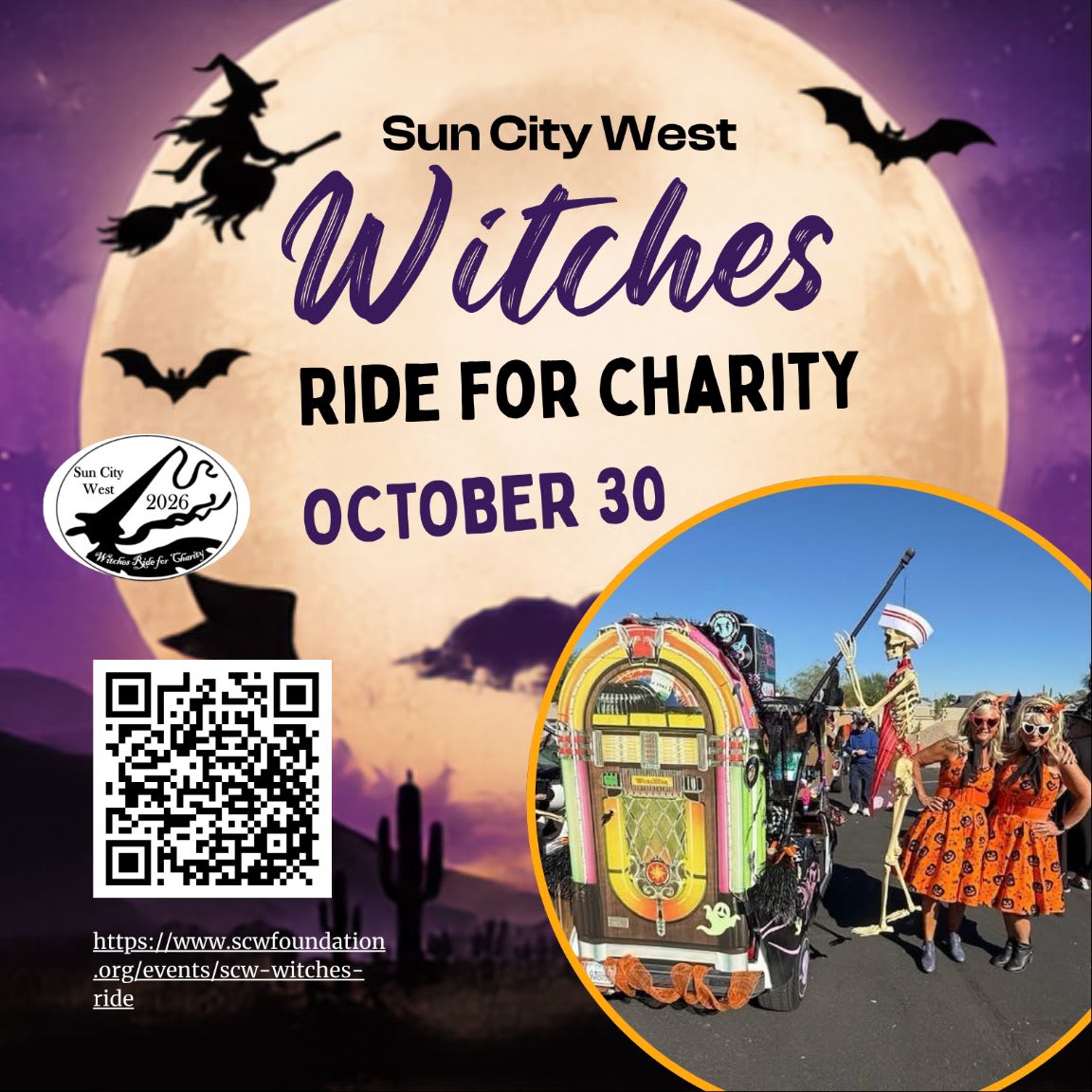 A promotional flyer for a charity ride features a large moon with a witch and bats in the background and a circular inset photo of people and a decorated vehicle in the foreground.