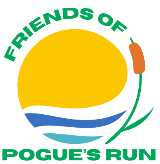 A yellow sun and blue waves are centered in the foreground, framed by a green cattail and the text "FRIENDS OF POGUE'S RUN" against a white background.