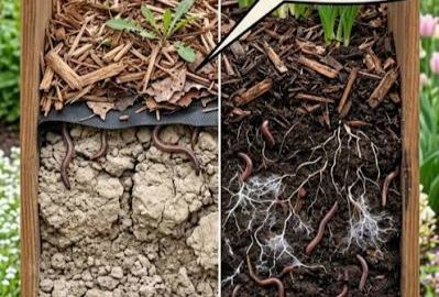 A side-by-side comparison shows dry, cracked soil with few worms on the left and rich, dark soil filled with roots and worms on the right, both topped with mulch and plants.
