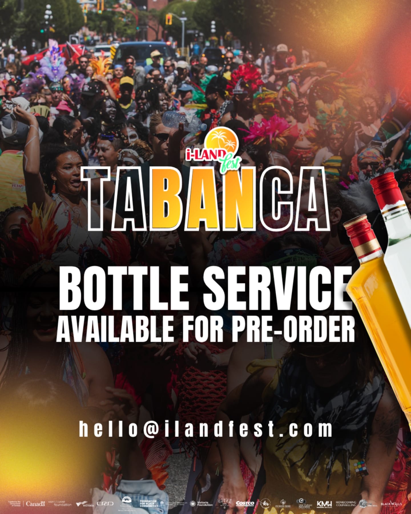 Text promoting bottle service for "Tabanca" is overlaid on a crowded street festival with people in colorful costumes and two bottles of liquor in the foreground.
