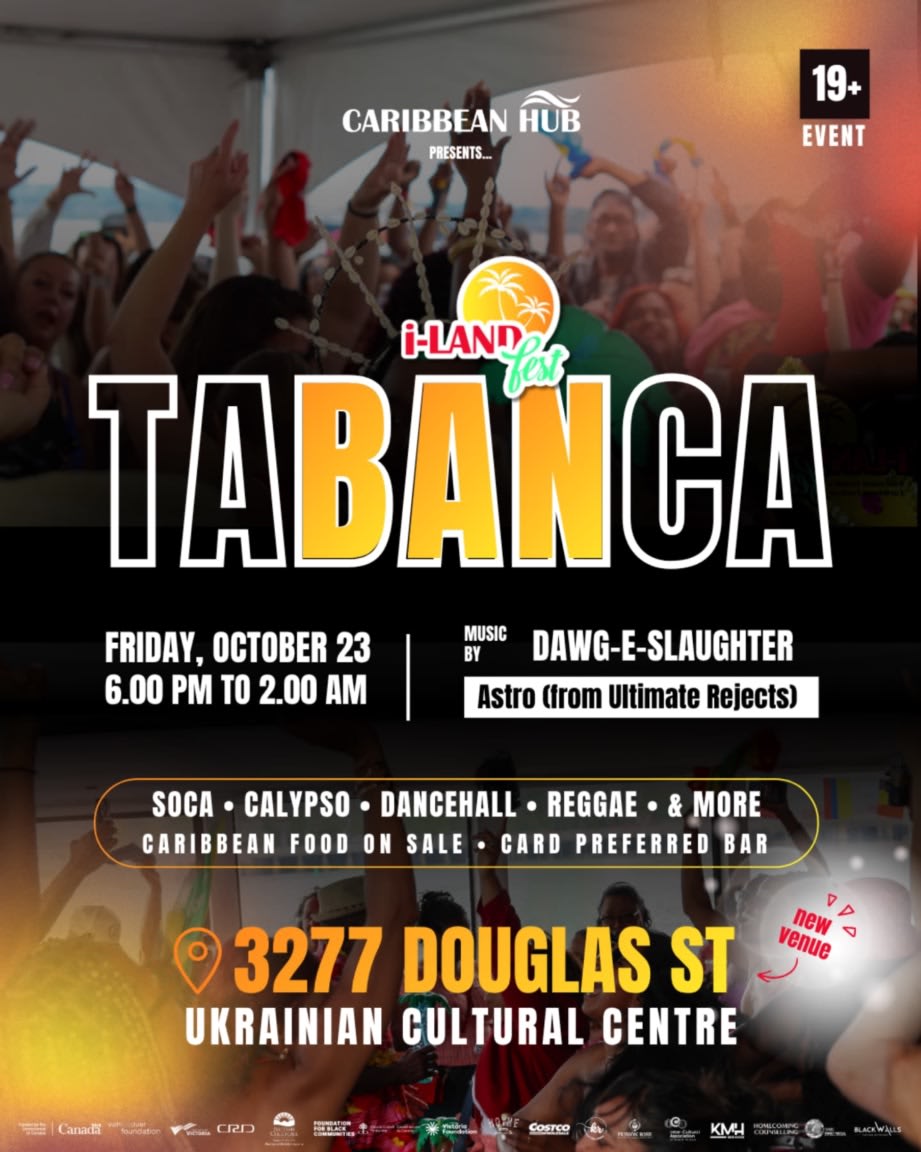 A promotional event poster for "TABANCA" features bold white and yellow text in the foreground over a background of a crowded, energetic party scene.