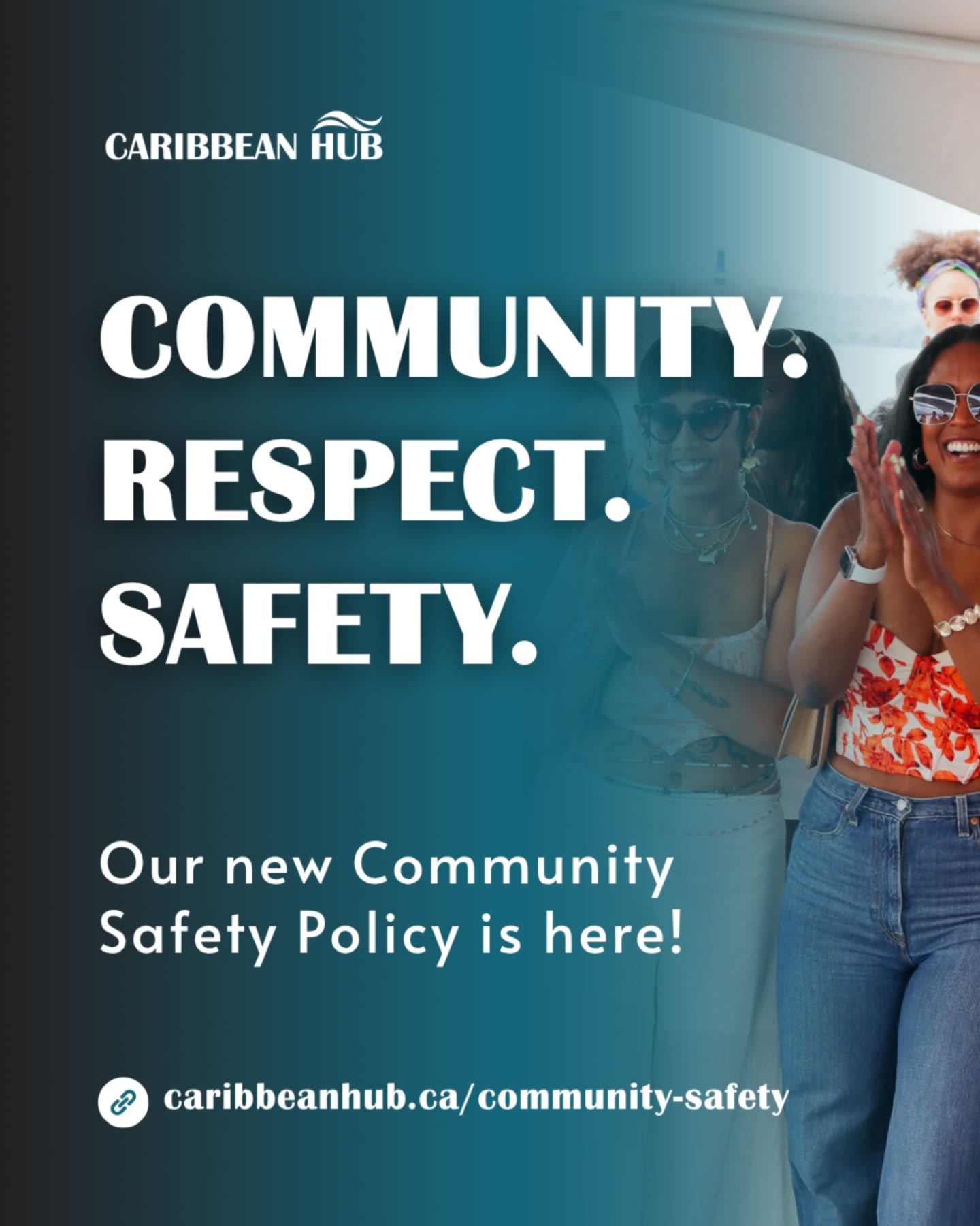 Bold white text promoting a community safety policy appears in the foreground over a background of smiling people and a blue gradient.