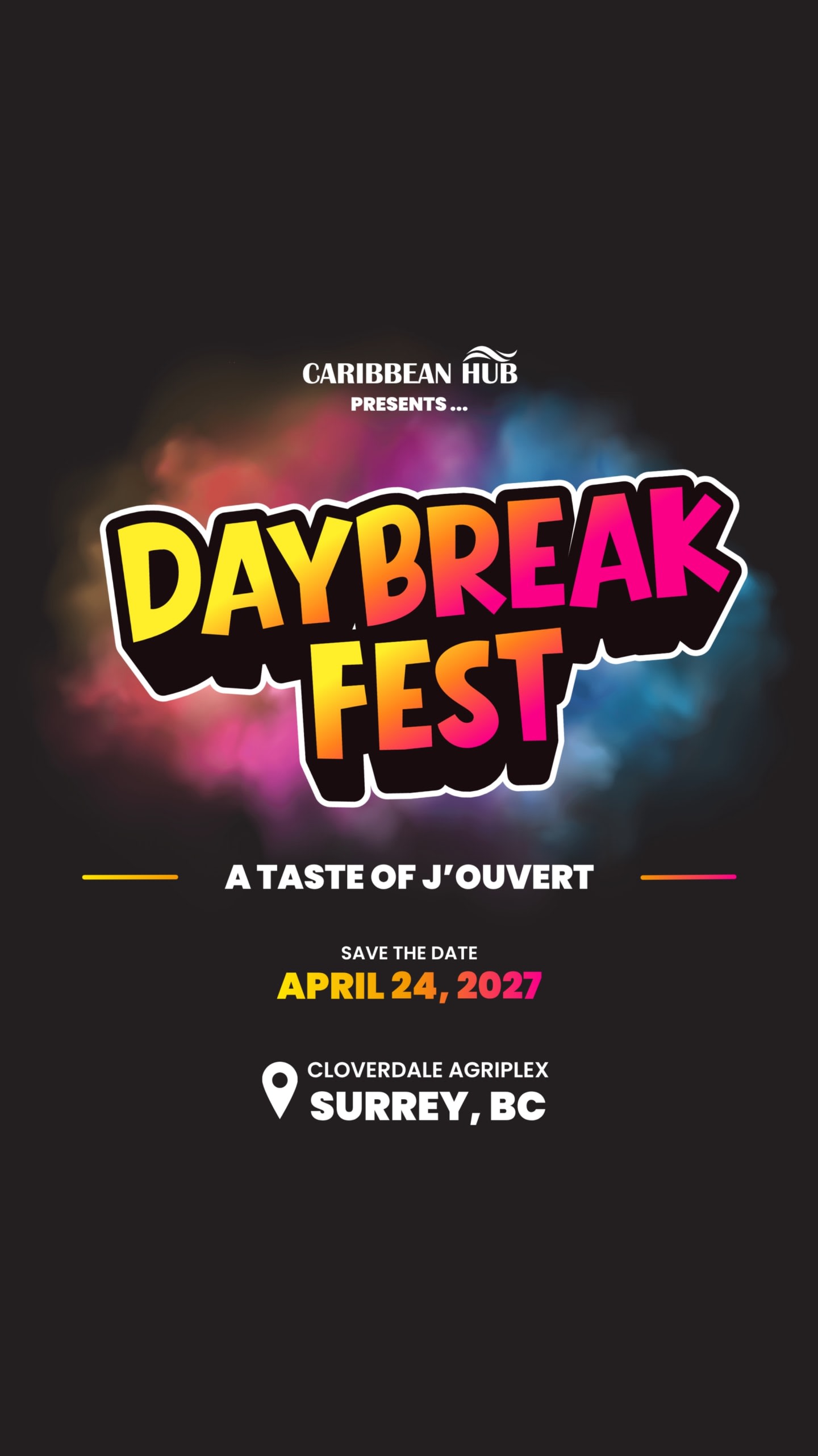 Colorful "DAYBREAK FEST" text and event details are centered over a vibrant cloud of multicolored smoke against a dark black background.