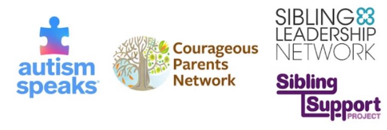 Four organizational logos for Autism Speaks, Courageous Parents Network, Sibling Leadership Network, and Sibling Support Project are arranged horizontally against a plain white background.