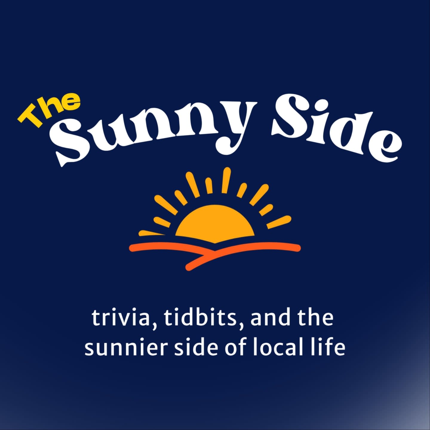 White and yellow text and a stylized orange sun graphic are centered against a solid dark blue background.