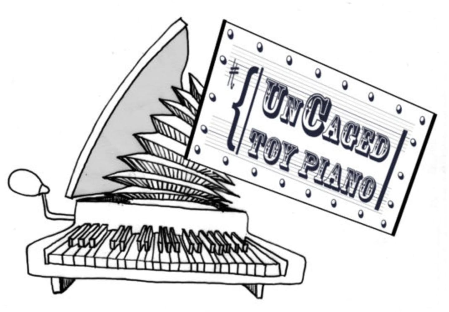 A sketch of a distorted toy piano in the foreground with a sign reading "UNCAGED TOY PIANO" against a plain white background.
