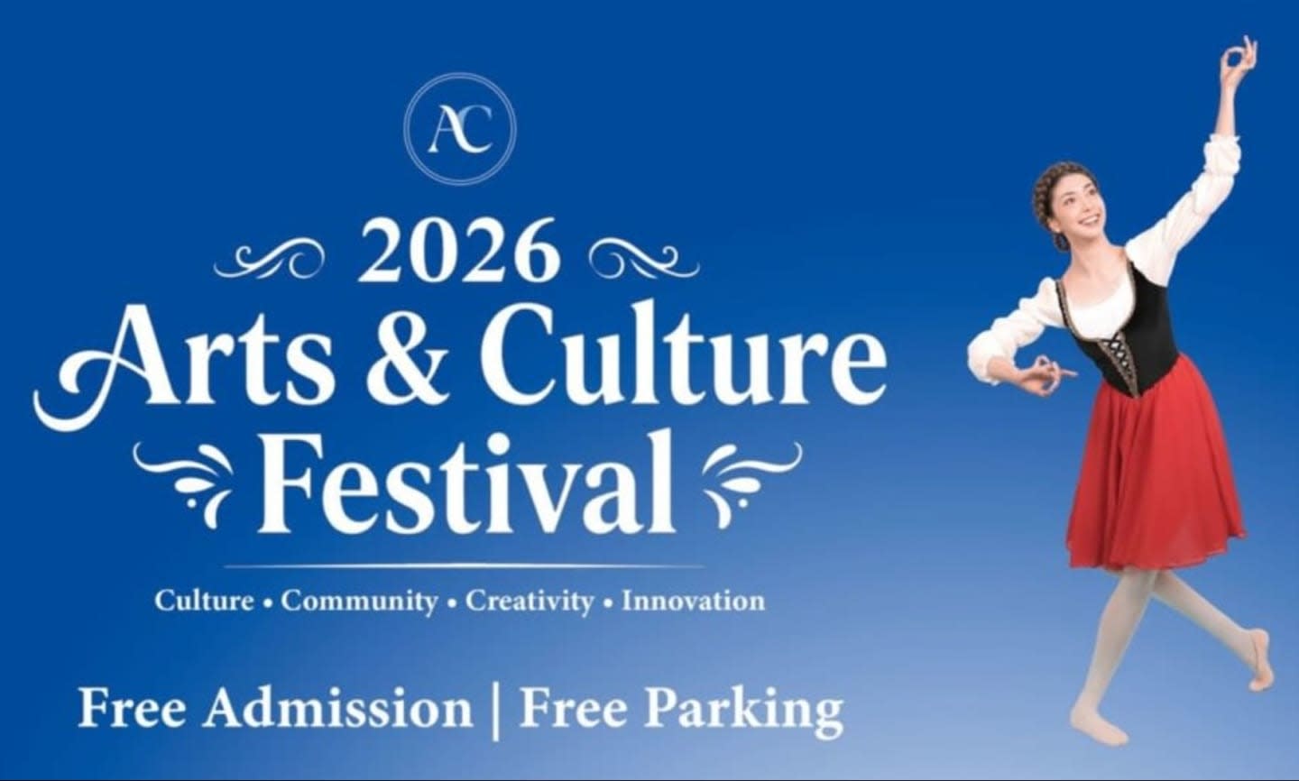 A female dancer in a red skirt poses on the right against a blue background featuring white text for the 2026 Arts & Culture Festival and an event information box on the left.