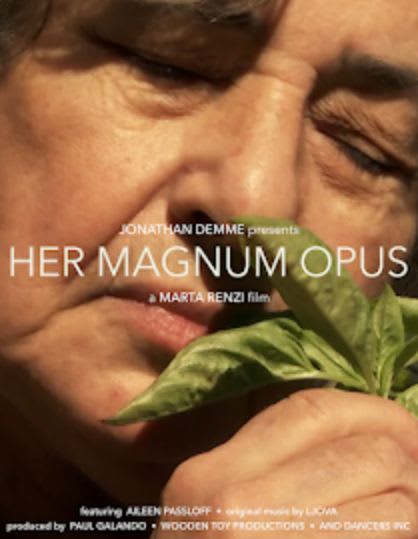 A close-up of a woman's face smelling fresh basil leaves fills the foreground, set against the soft focus of her own skin in the background.