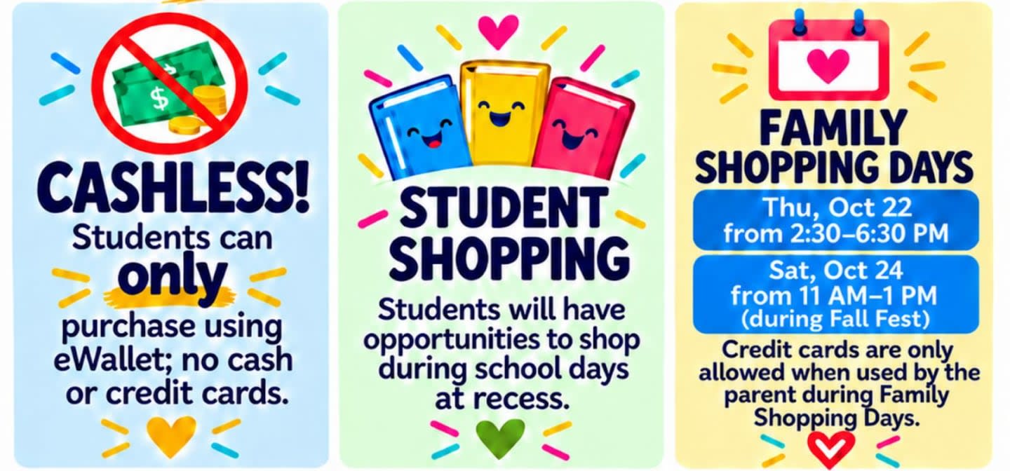 Three colorful informational panels detailing cashless payment, student shopping times, and family shopping dates are set against a plain white background.