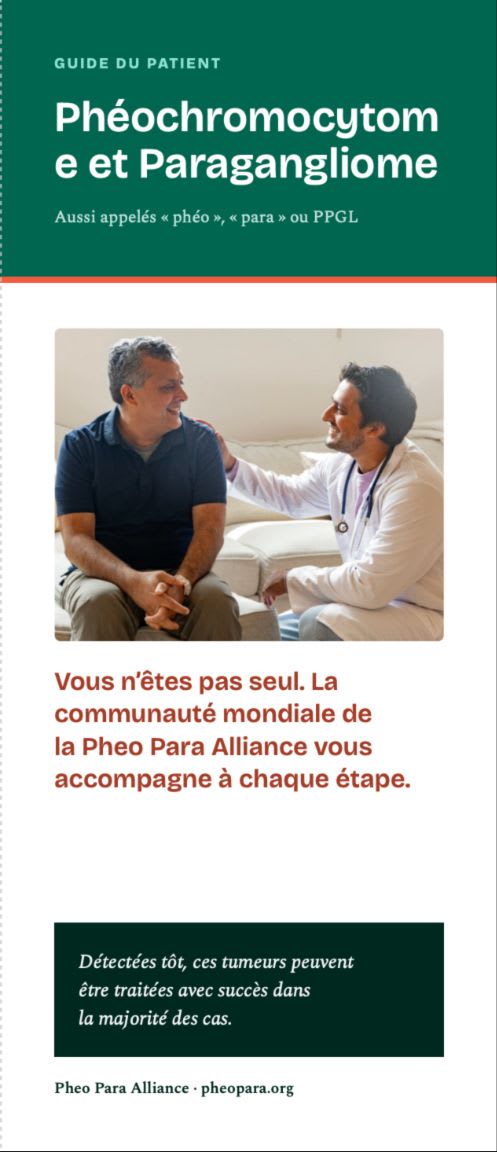 A doctor in a white coat talks to a patient in a blue shirt against a blurred indoor background, all set within a medical guide layout featuring green and white sections with French text.