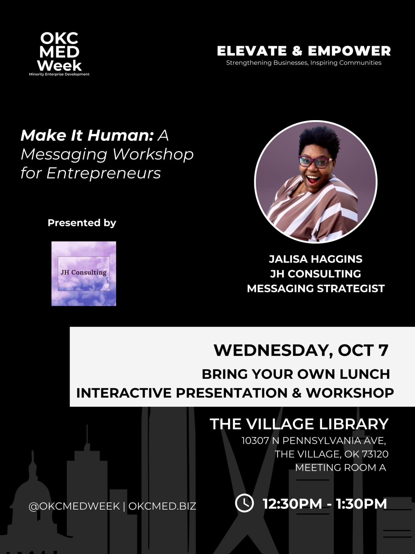 White and gold text detailing a messaging workshop for entrepreneurs is layered over a black background featuring a city skyline silhouette.