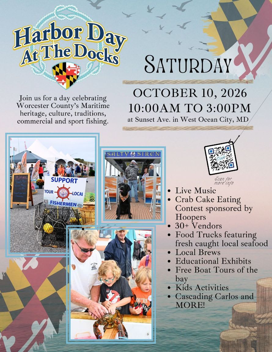 An event flyer for "Harbor Day At The Docks" features event details and photos of maritime activities in the foreground against a light blue background with birds and nautical elements.