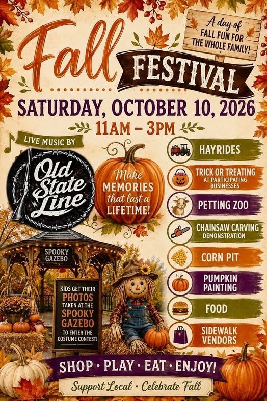 A colorful Fall Festival flyer features event details and a list of activities in the foreground, set against a background of autumn leaves and a scenic outdoor scene with a scarecrow and a gazebo.