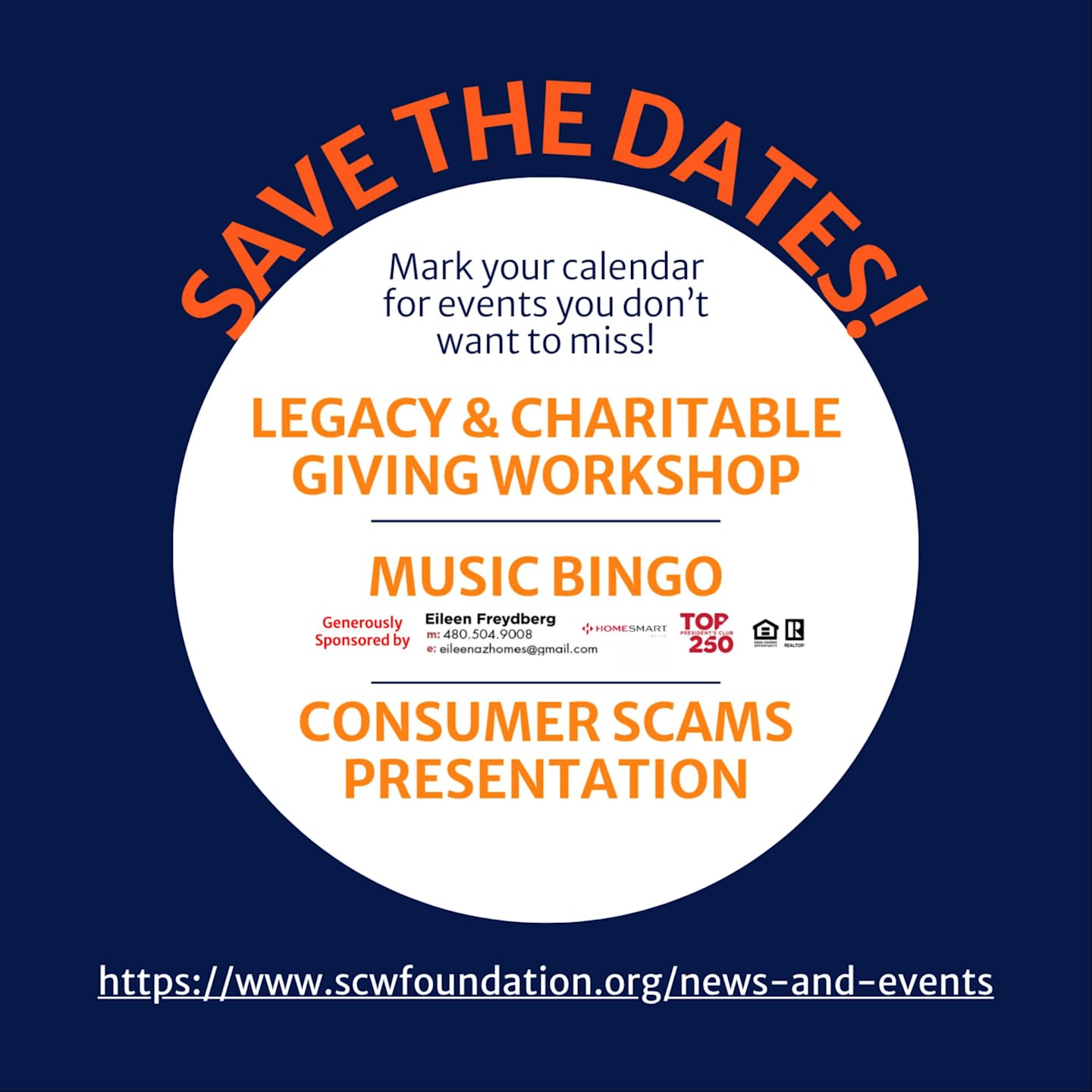 An orange "SAVE THE DATES!" announcement and event list are centered within a white circle against a dark blue background.
