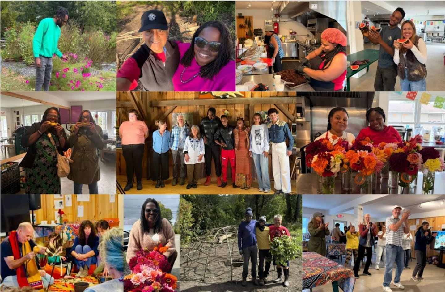 A collage of photos features people gardening, cooking, posing together, and arranging flowers in various indoor and outdoor settings.