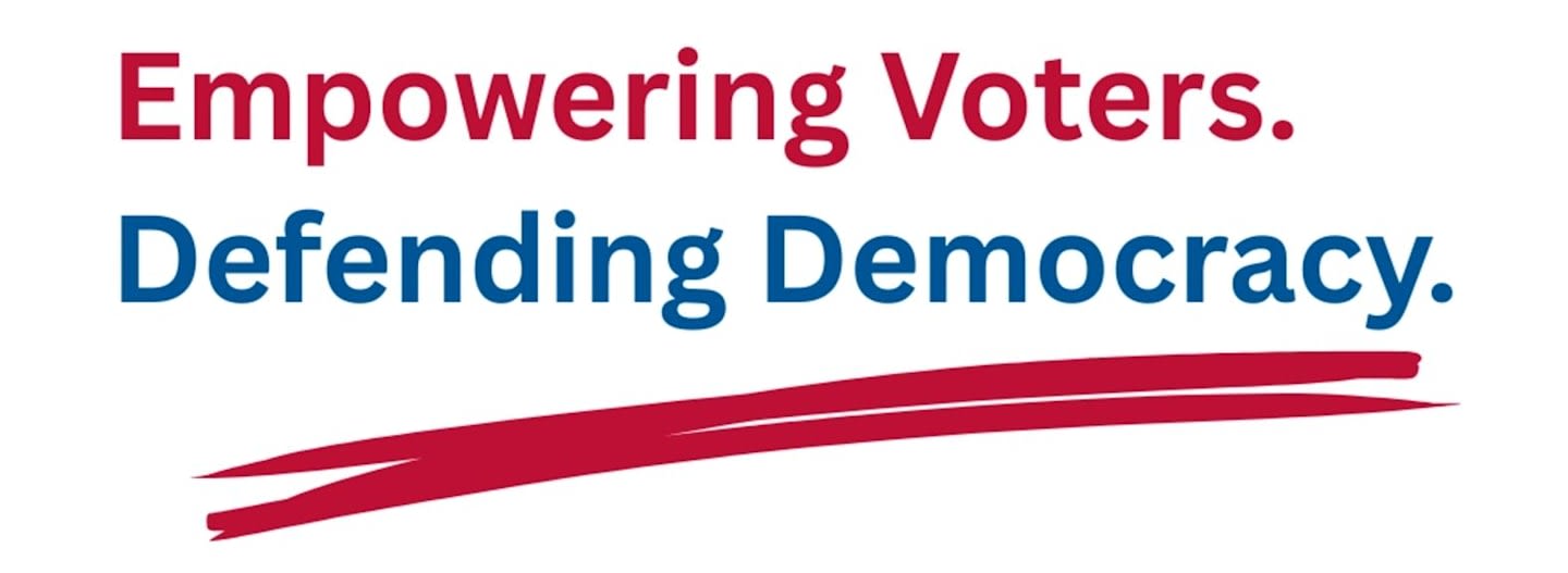 Red and blue text reading "Empowering Voters. Defending Democracy." sits above a red brushstroke on a plain white background.