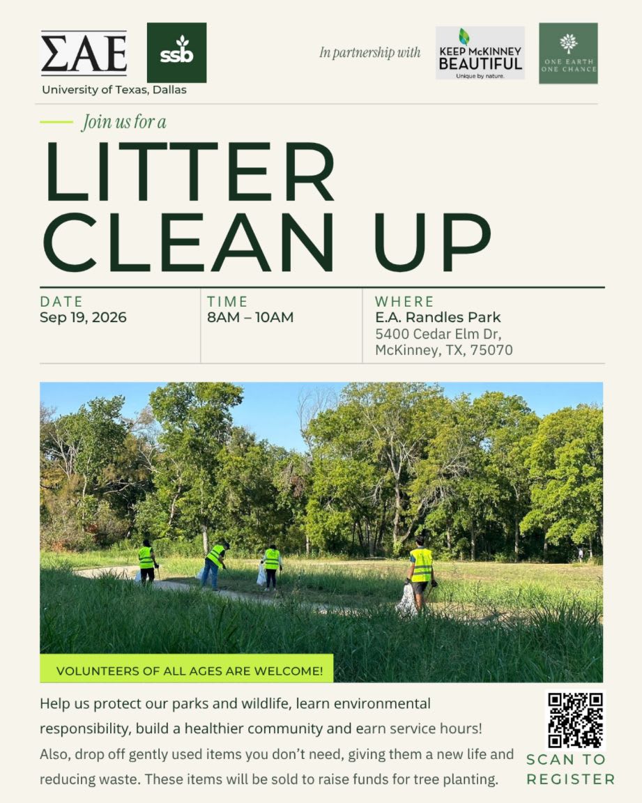 A promotional flyer for a litter clean-up event features event details in the foreground and a photo of volunteers cleaning a grassy park area with trees in the background.