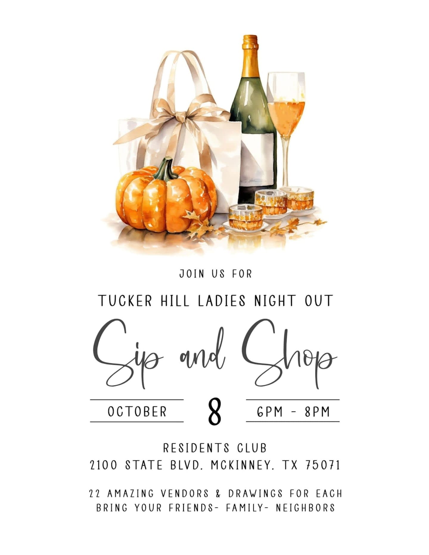 An illustration of a pumpkin, shopping bag, champagne bottle, and glasses sits atop a white background containing event details for a "Sip and Shop" ladies night.