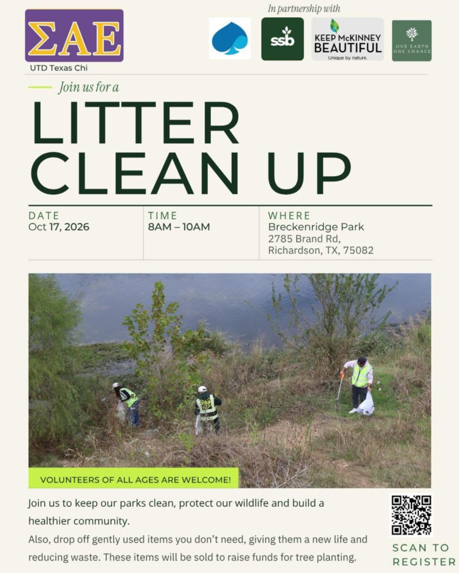 A promotional flyer for a litter clean-up event features event details and logos in the foreground above a photo of volunteers picking up trash in a grassy area near a body of water in the background.