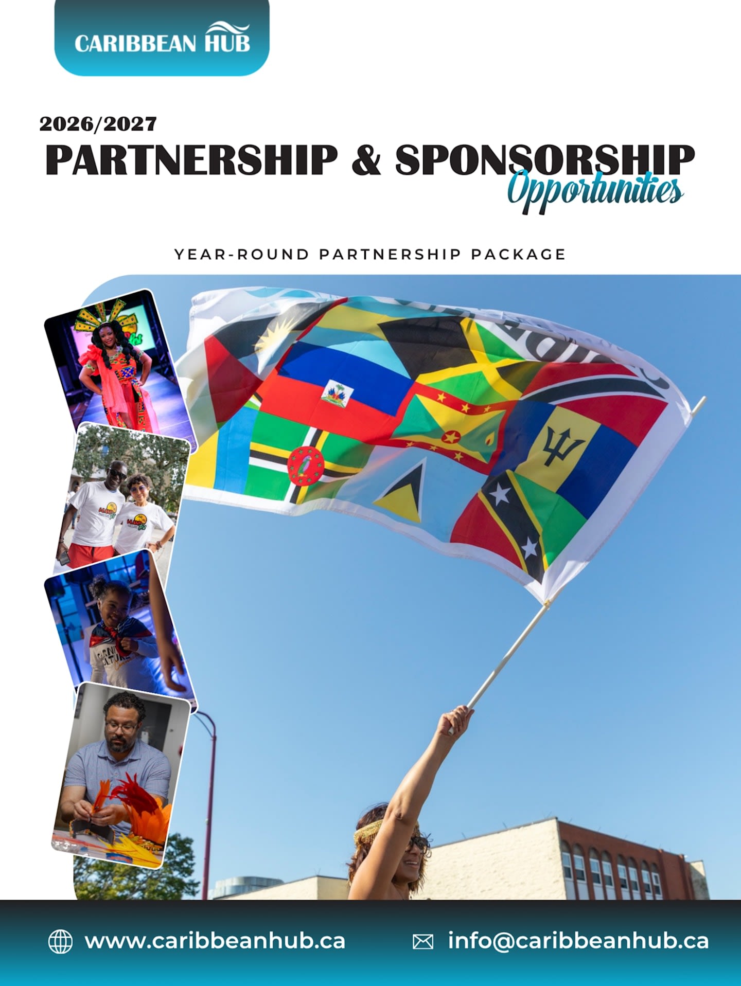 A person holds up a large flag composed of various Caribbean national flags against a clear blue sky and a building in the background, with a collage of diverse people on the left.