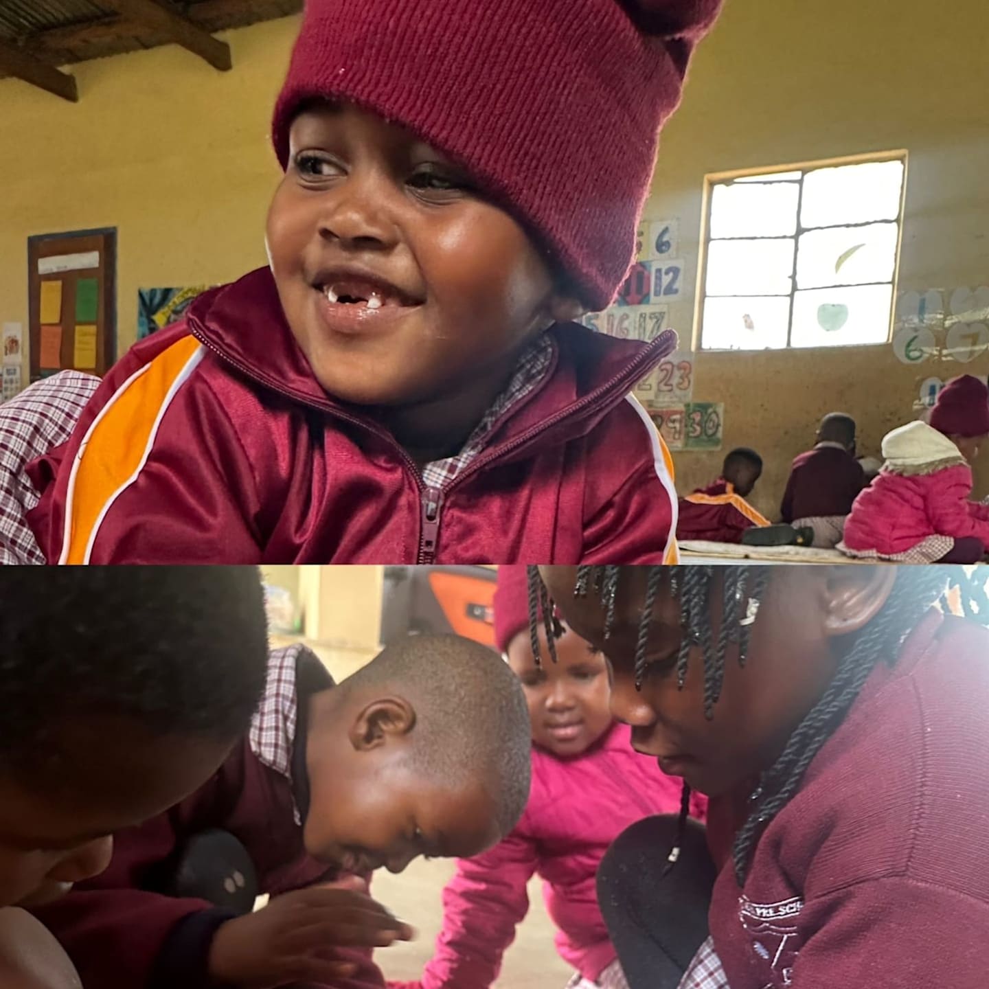A smiling child in a maroon hat and jacket is in the foreground of the top image, while other children in similar attire are in the background of a classroom.