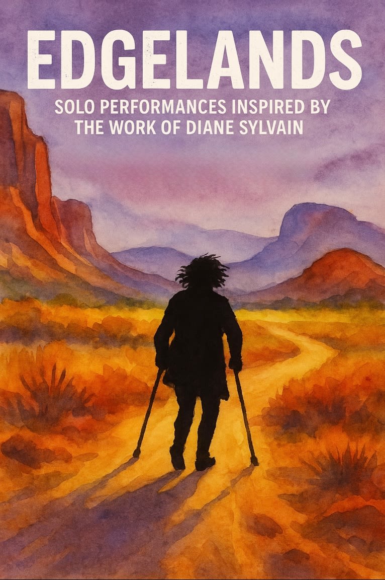 Edgelands poster of a woman walking with crutches into a mountain sunset