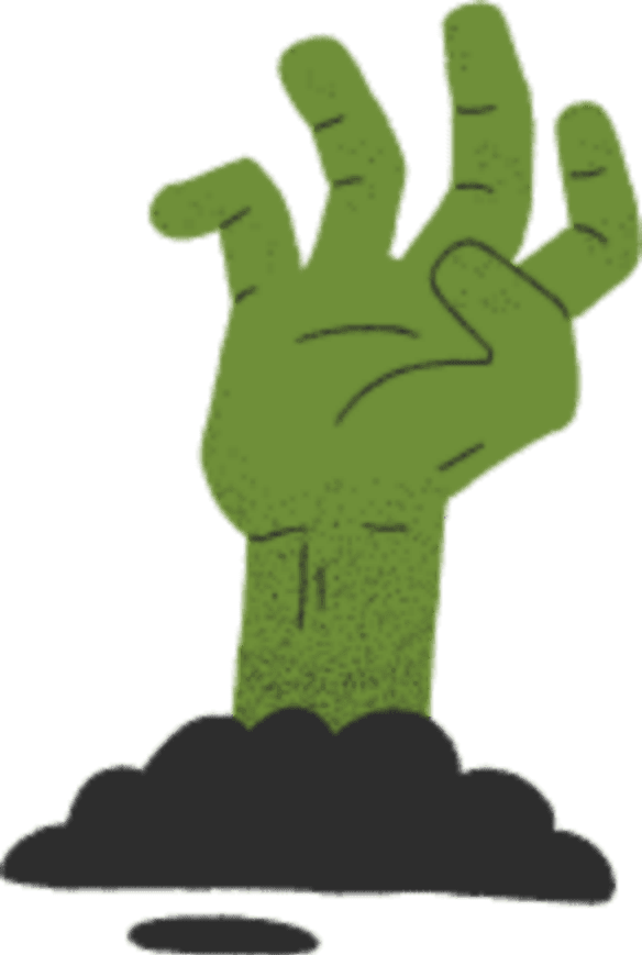 A green zombie hand reaches up from a mound of black dirt against a plain white background.