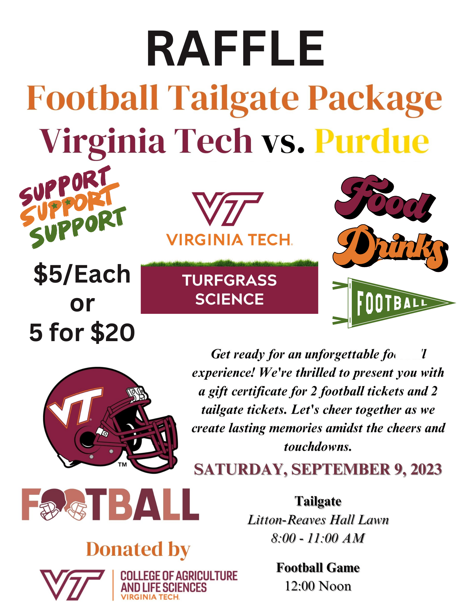2 TICKETS to Virginia Tech vs Purdue Tailgating & Football Game on 9/9/23