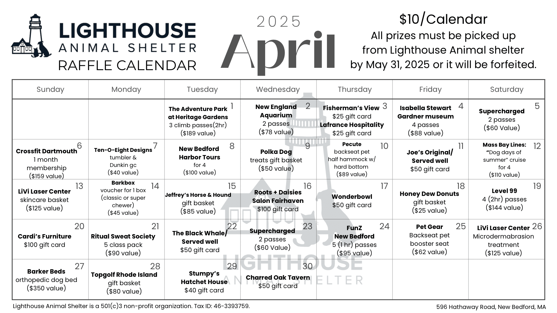 Lighthouse Animal Shelter's April Raffle Calendar