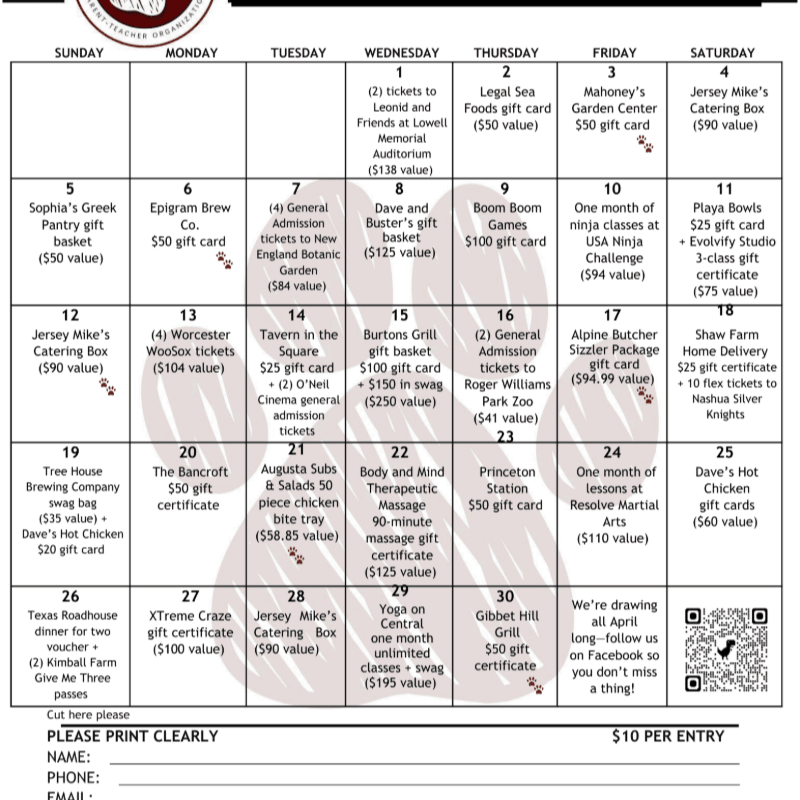 Pto Day Raffle Harrington PTO Calendar Raffle Fundraiser April 2026