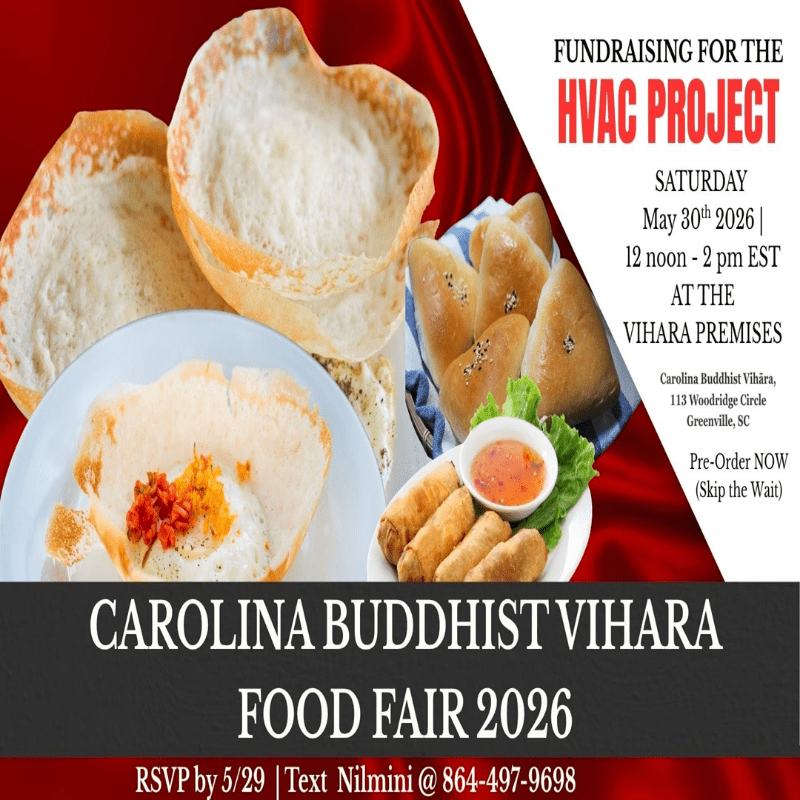 Fundraising for HVAC at Carolina Buddhist Vihara- Food Fair - 30th May 2026 (This Saturday)