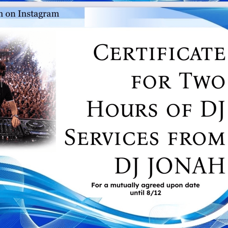 Complimentary 2 hours of DJ Services with DJ Jonah