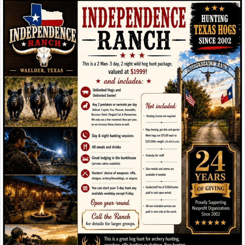 3 Day 2 Night Hunt package Independence Ranch (Texas)
