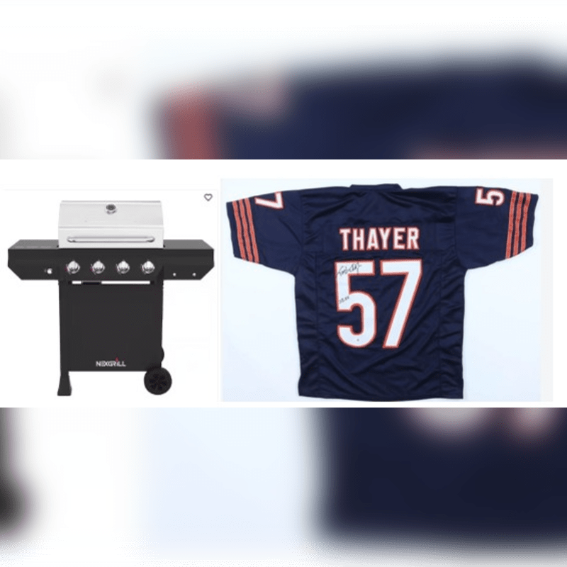 Photo of Grill, Grill Utensils & Bears Tom Thayer Signed Jersey