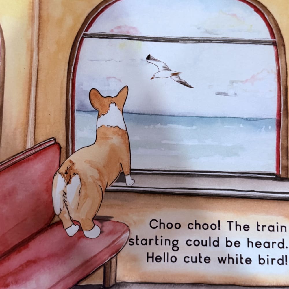 Watercolor page: Rally the corgi looks out an arched train window at the ocean as a seagull flies by.