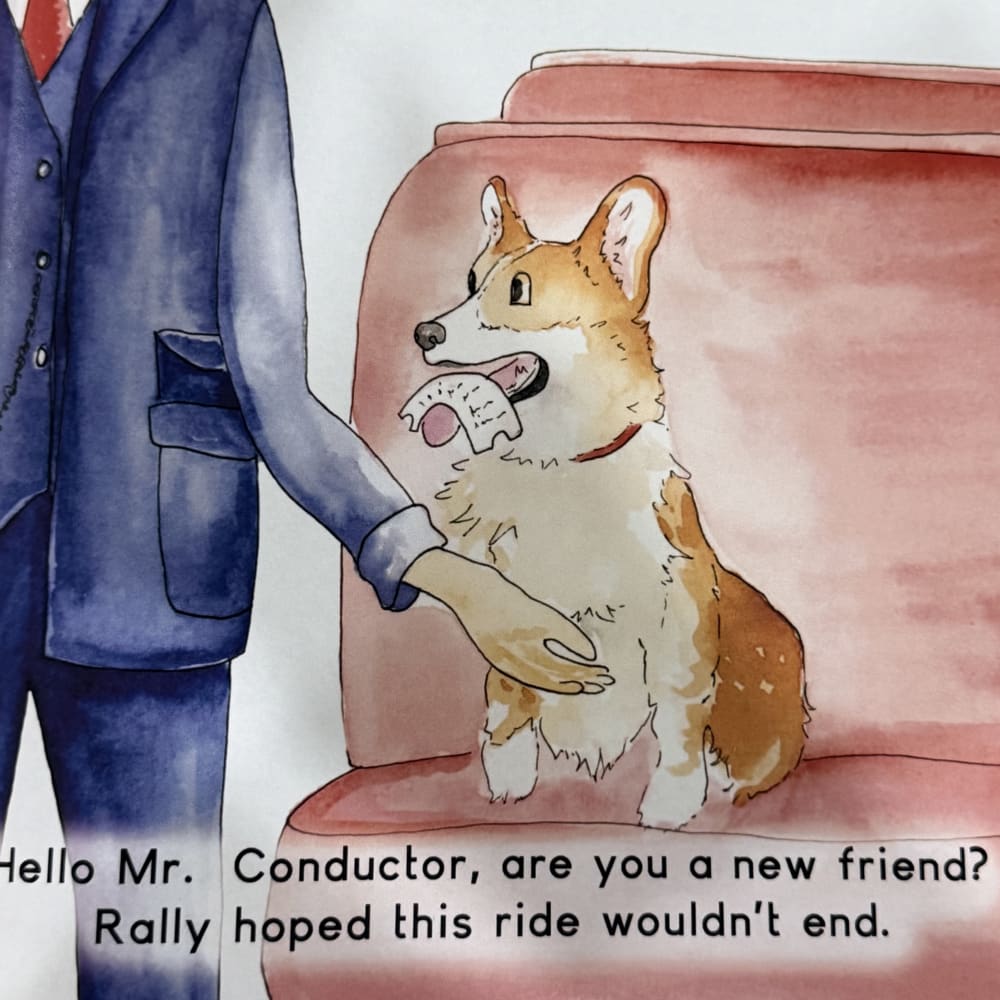 Watercolor page: Rally the corgi on a train seat holding his ticket, the conductor reaching to pet him.