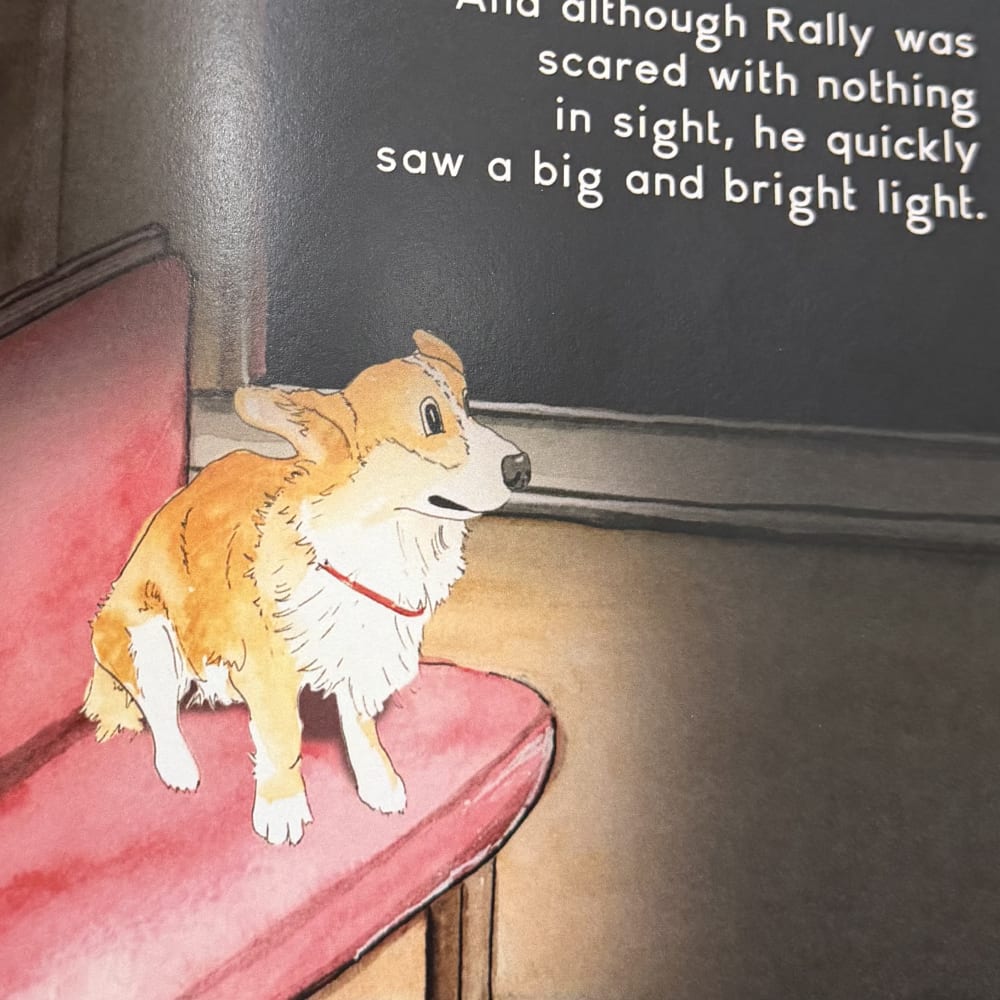 Watercolor page: Rally the corgi sits on a red train seat in a dark tunnel, looking nervous. Text: And although Rally was scared with nothing in sight, he quickly saw a big and bright light.