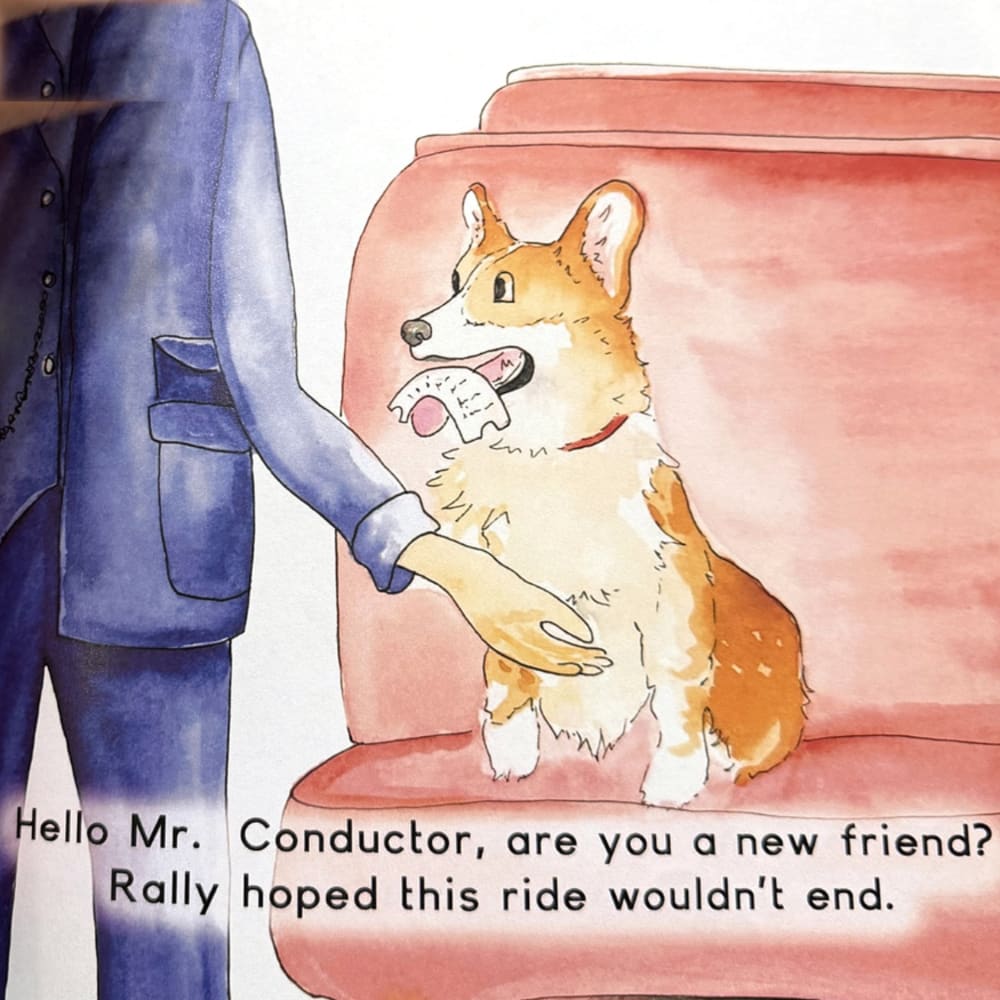 Watercolor page from Rally Takes the Train: Rally the corgi meets a friendly conductor