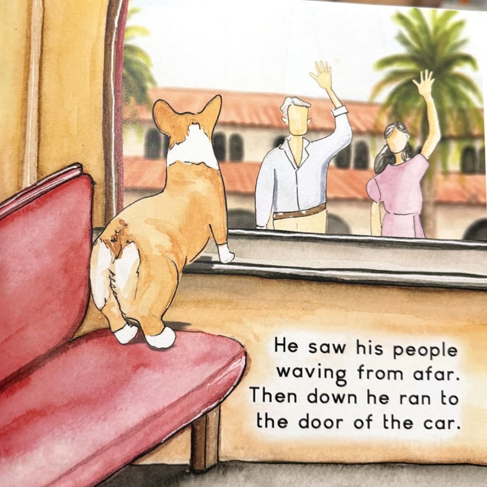 Watercolor page from Rally Takes the Train: Rally the corgi looks out the train window at his family waving from the station platform