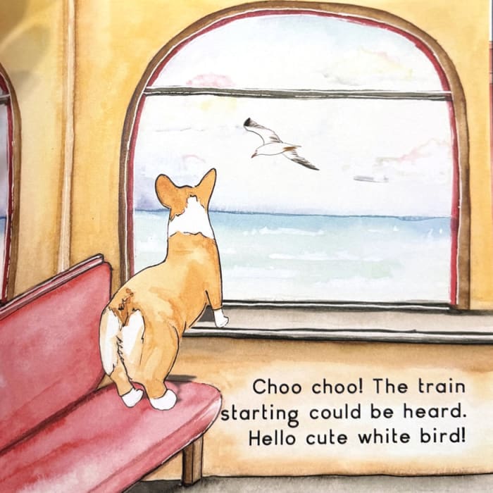 Watercolor of Rally at the train window watching a white bird fly over the water