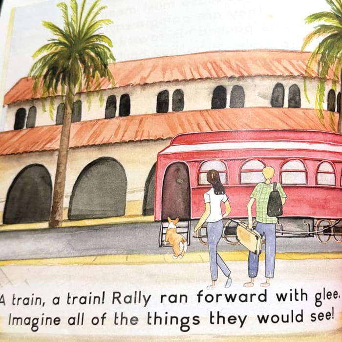 Watercolor of Rally and his family walking toward a red train at San Diego's Santa Fe Depot