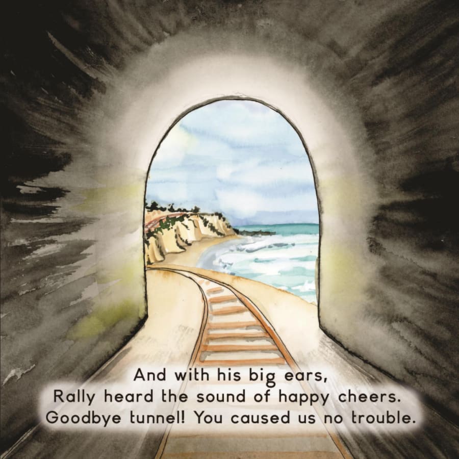 Watercolor view from inside a dark train tunnel looking toward the bright light at the end