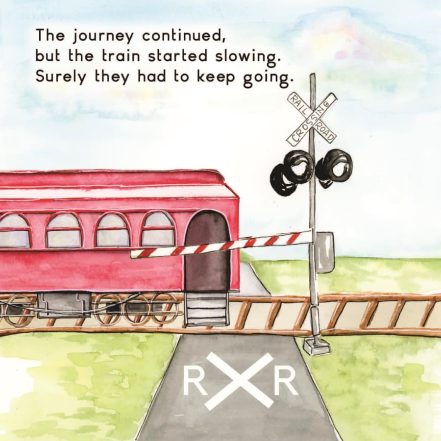 Watercolor page from Rally Takes the Train used in this lesson