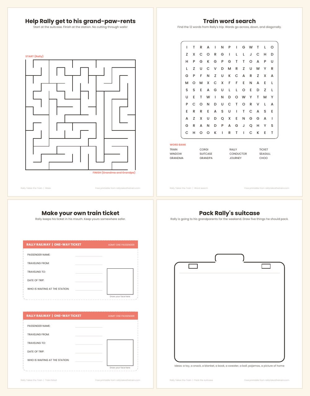 Preview of the Rally Takes the Train activity pack: a maze, a train word search, a fill-in train ticket, and a suitcase to pack.