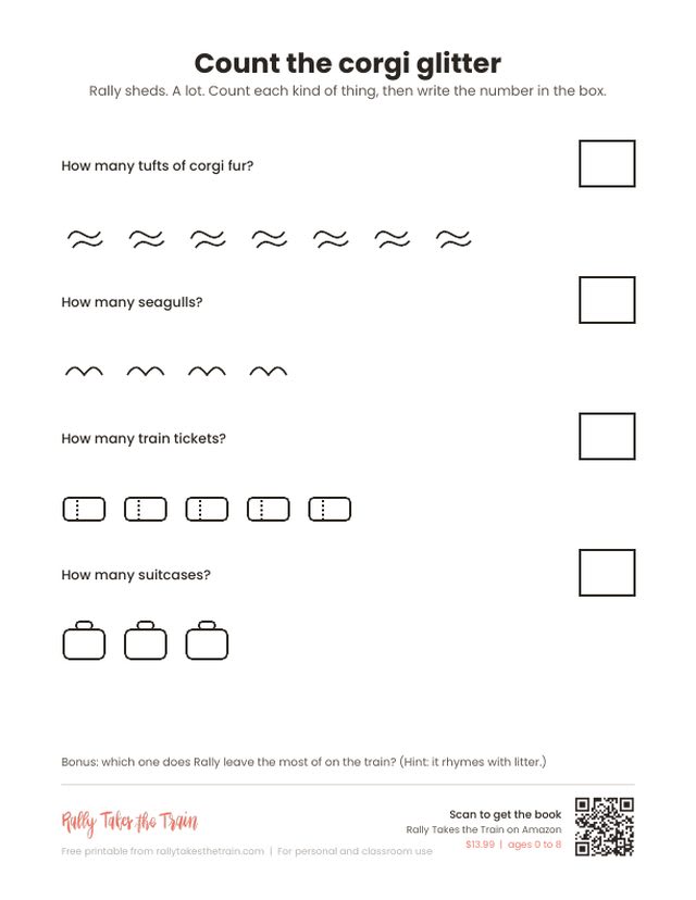 Printable counting page for preschoolers: count tufts of corgi fur, seagulls, train tickets, and suitcases and write the number in the box.