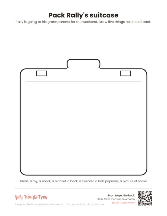 Printable activity page: a large empty suitcase outline for kids to draw five things Rally should pack for a trip to his grandparents.