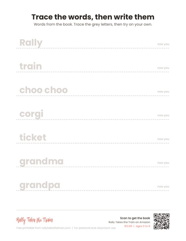 Printable tracing page for preschoolers with the words Rally, train, choo choo, corgi, ticket, grandma, and grandpa in light grey letters to trace.