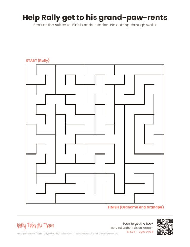 Printable train maze for kids: help Rally the corgi get from his house to the station where his grandparents are waiting.