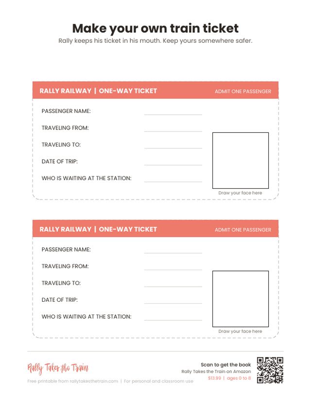 Printable pretend train ticket for kids with blanks for passenger name, traveling from, traveling to, date, and a box to draw your face.