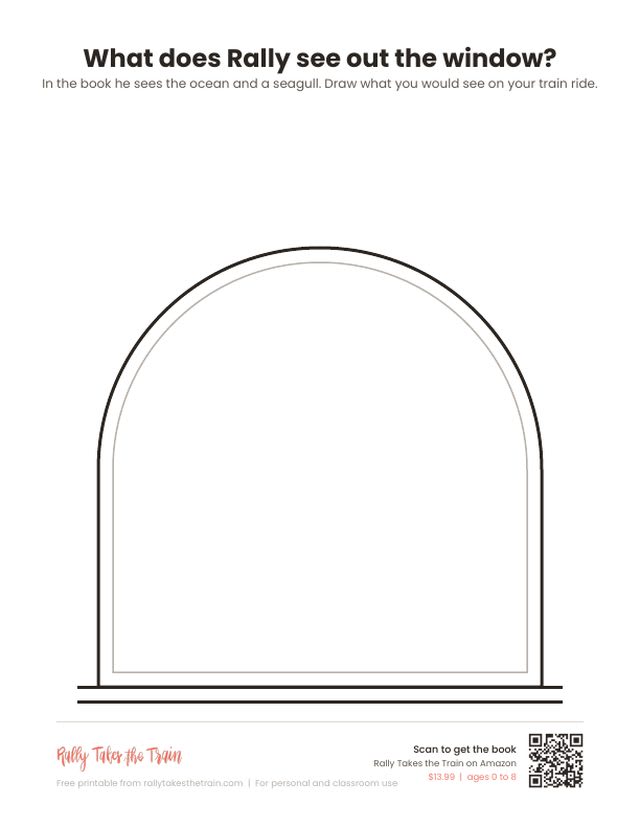 Printable drawing page: an empty arched train window for kids to draw what they would see on a train ride.